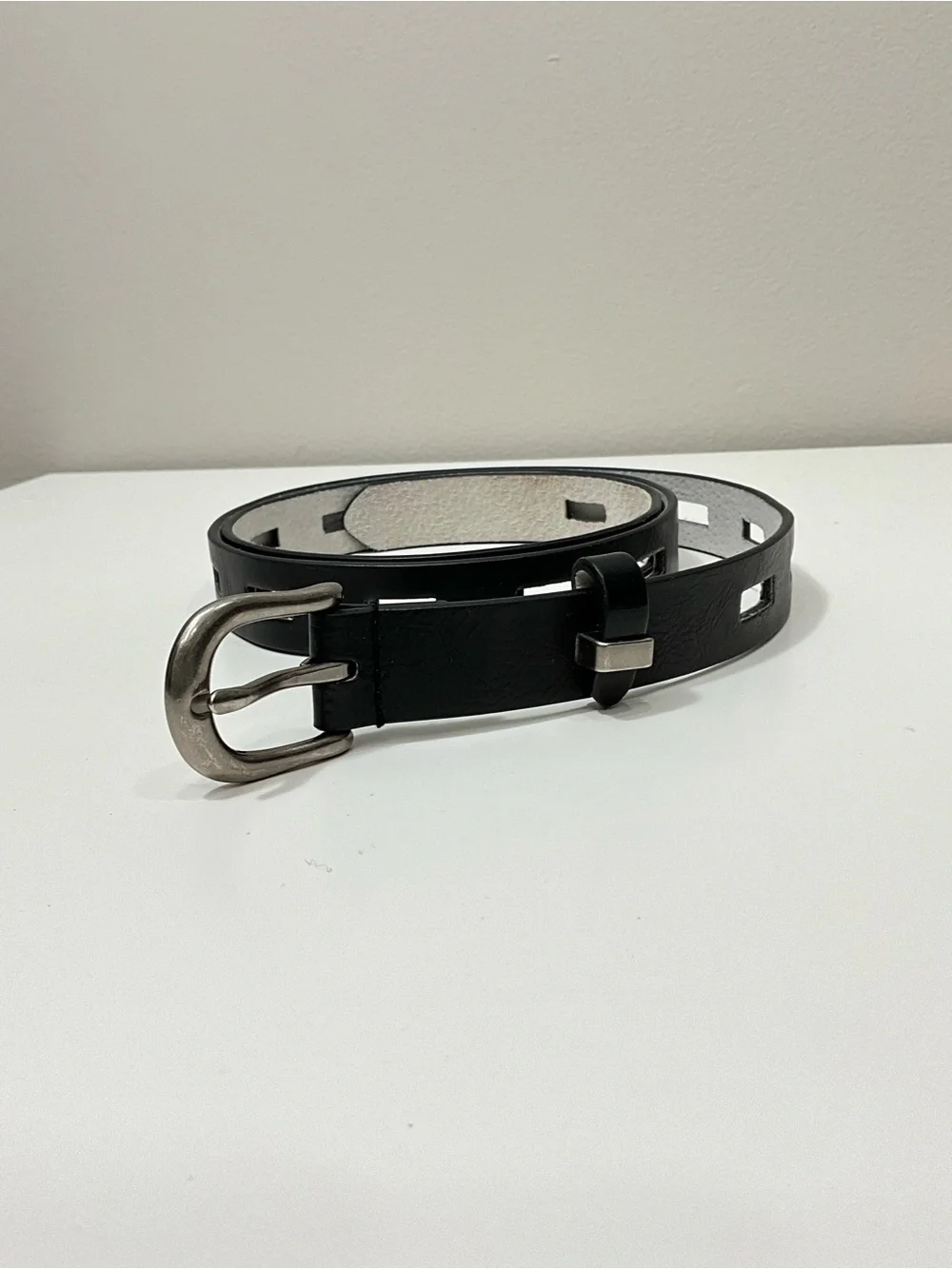 LODIS Black Leather Cutout Belt Silver Buckle Skinny Belt Made in Italy XL